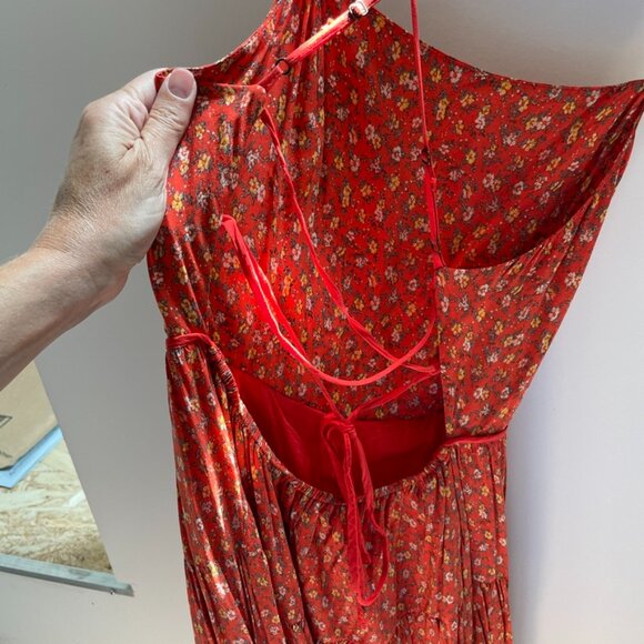 Urban Outfitters UO Sparks Fly Tiered Midi Dress Red Orange Lace Up Back Size M - Picture 7 of 8
